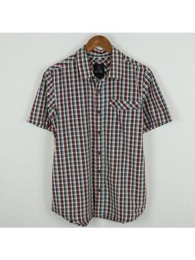 Prana Park Hill Men's Medium Red Gray Plaid Cotton Short Sleeve Button Up Shirt